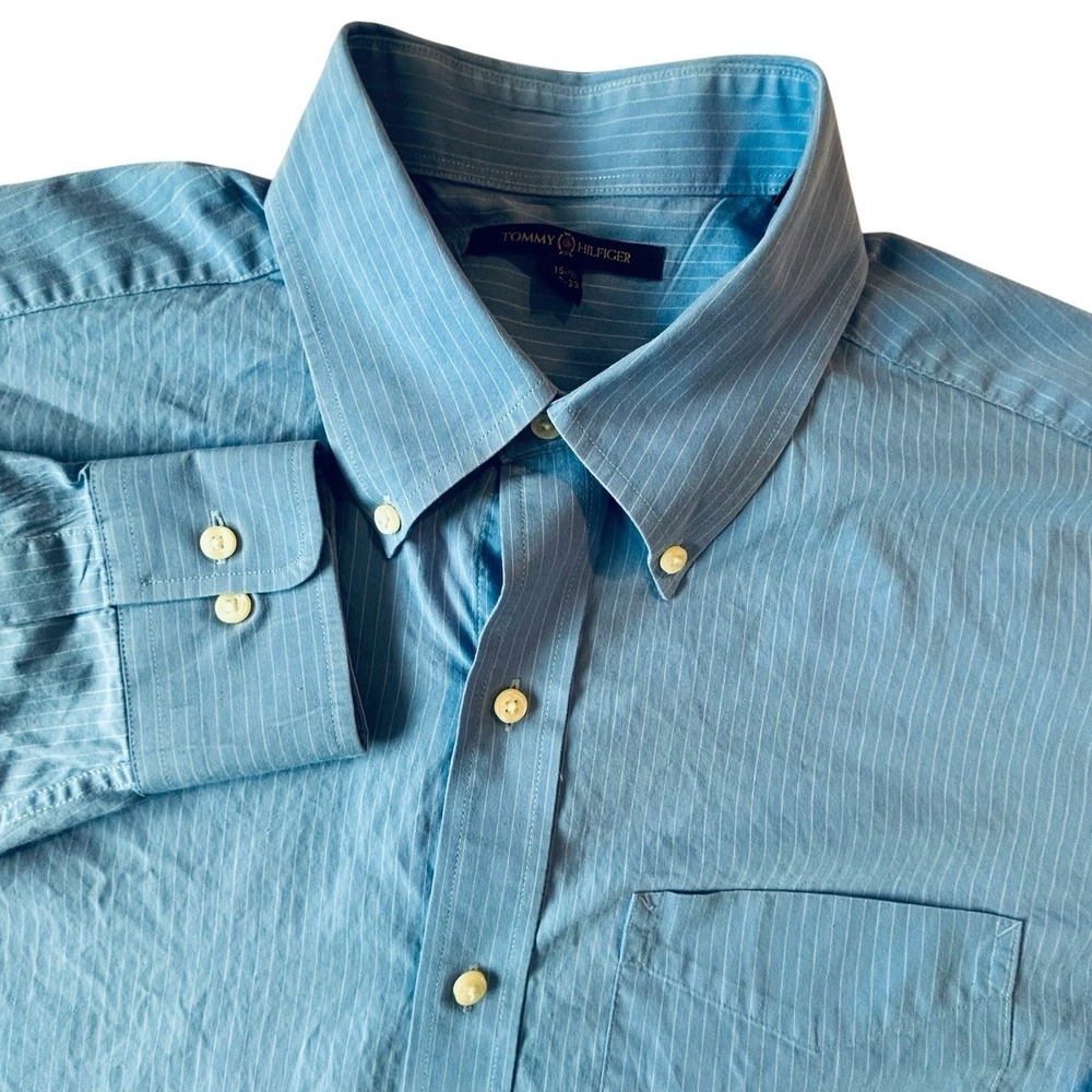 Tommy Hilfiger Mens 15.5 32/33 Blue Pinstripe Button Down Cotton Dress Shirt